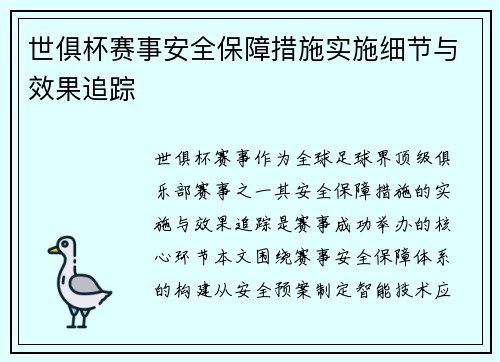 世俱杯赛事安全保障措施实施细节与效果追踪