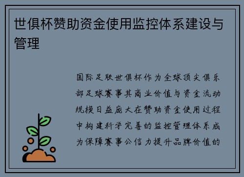 世俱杯赞助资金使用监控体系建设与管理