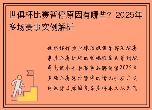 世俱杯比赛暂停原因有哪些？2025年多场赛事实例解析